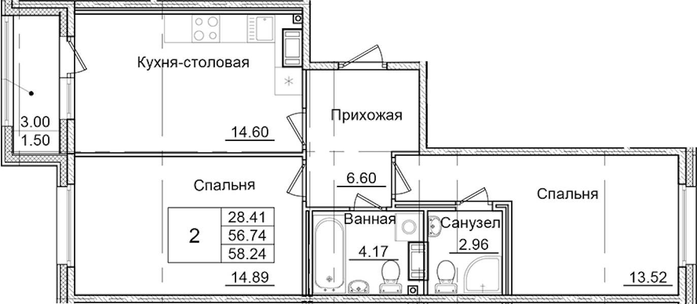 2-комнатная квартира 58.24 м², 8/9 эт., ЖК «Квартал Заречье»